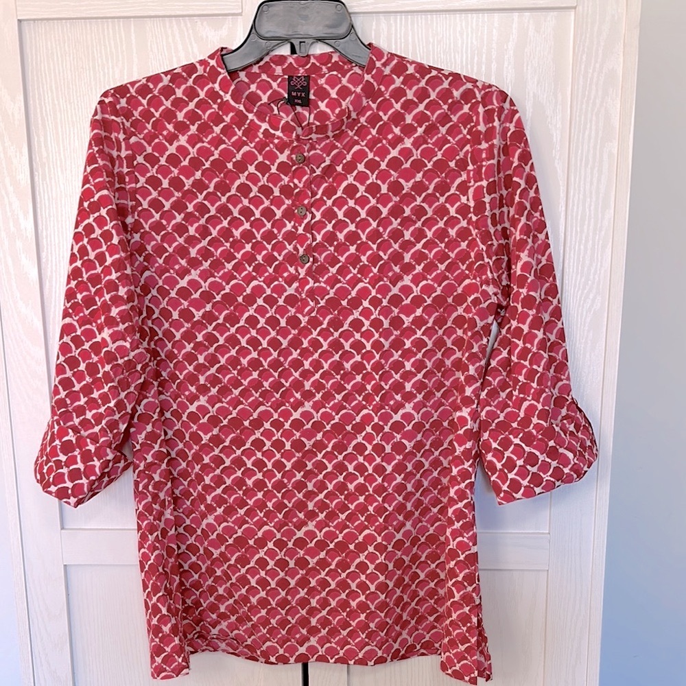 MYX Women's Cotton Straight Kurti Tunic Red and Pink Block Print Blouse Size XXL